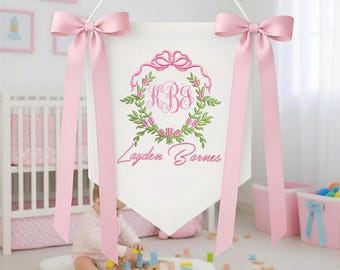 Embroidered Custom Girly Banner with Floral Crest, Welcome Banner with Floral Crest, Hospital Door Sign With Bows, Floral Greenery Banner