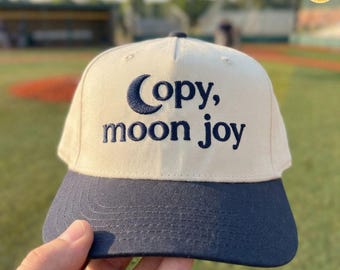 Embroidered Copy Moon Joy Quote Two-Tone Cap, Minimal Space Hat, Gift For Women, Inspired Night Sky Fashion Statement Hat, Science Cap