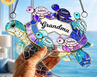 Personalized Mom Grandma Sea Turtle Suncatcher, Stained Glass Style Window Decor,  Custom Grandma With Kids Ornament, Mother's Day Gifts