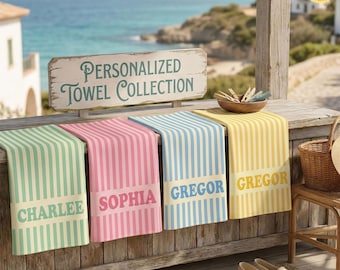 Personalized Striped Beach Towel, Custom Name Groovy Pool Towel, Girls Trip Vacation Towel, Retro Women Bath Towel, Bridesmaid Towel Gift