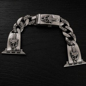 Heavy Silver Gothic Apple Watch Band, Dagger Cuban Chain iWatch Strap, Punk Rock Luxury Watch Bracelet, Vintage Cross Grunge Jewelry