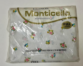 NOS VTG Cannon Moticello Full Fitted Sheet 70s White Floral Print Cottage Core