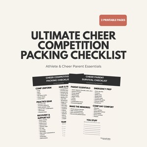 May include: A printable checklist for cheerleading competitions. The checklist includes sections for uniform, gear, recovery, hair, parent essentials, and emergency prep. The text is in black on a light background.