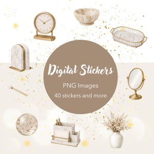 May include: A collection of digital stickers featuring gold and marble home decor items including a clock, bowl, tray, bookends, hair pin, mirror, sphere, desk organizer, and vase with dried flowers, with text reading Digital Stickers PNG Images.