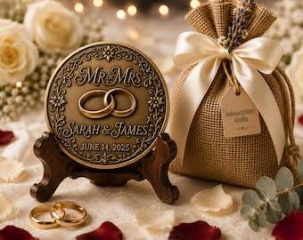 Personalized Wedding Gift, Custom Brass Coin, Couple Keepsake, Anniversary Gift, Wedding Date Memorial
