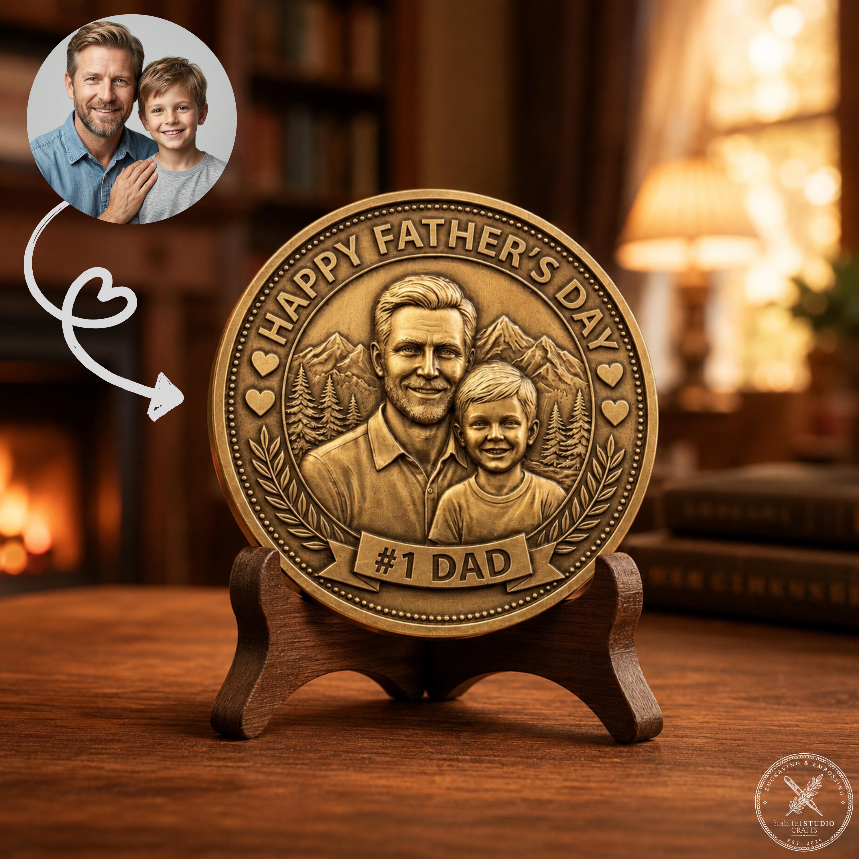 3D Embossed Brass Coin, #1 Dad Father's Day Keepsake, Antique Patina Available