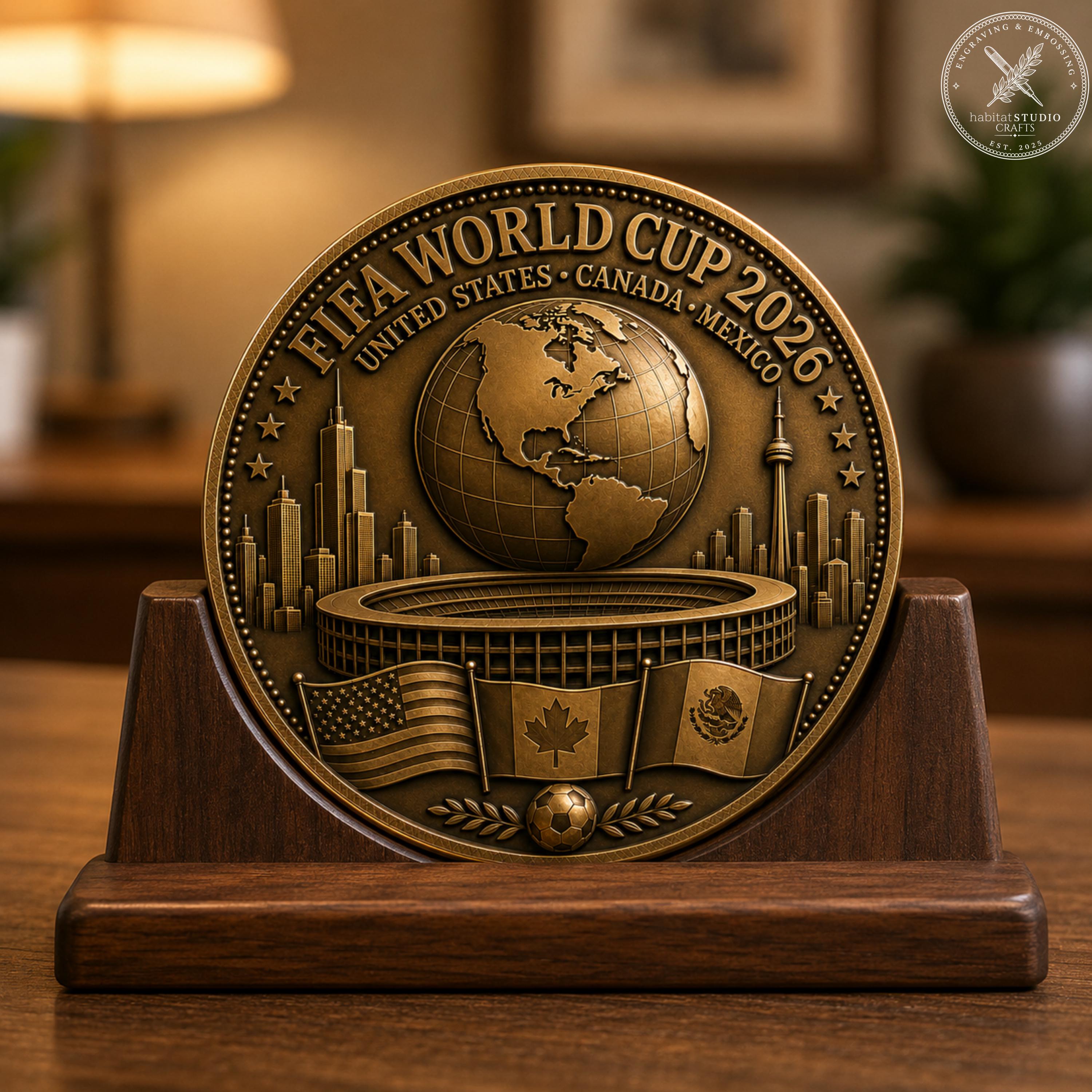 FIFA World Cup 2026 Brass Coin, Antique Bronze Embossed Football