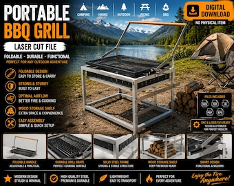 May include: A portable BBQ grill with a laser-cut file design. The grill features a foldable design, a durable grill grate, and a wood storage shelf. The frame is made of solid steel. The image also includes text that says "Enjoy the Fire. Anywhere!"