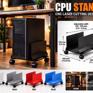 May include: A black metal CPU stand with four lockable wheels and an adjustable width of 5.9 to 9.8 inches. The stand features a sturdy metal structure with adjustable mounting slots, shown in black, white, gray, red, and blue colors.
