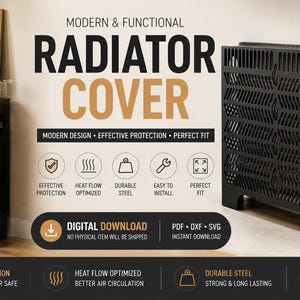Può includere: Un copritermosifone in metallo nero con un motivo geometrico tagliato al laser. L'immagine include schemi tecnici con dimensioni in pollici, il testo Modern & Functional Radiator Cover e icone per il download digitale.
