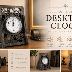 May include: A decorative wooden desktop clock with a white clock face and black numerals. The clock is housed in a dark gray, openwork wooden frame. The text "DESKTOP CLOCK" is displayed above the clock. The clock is a home decor item.