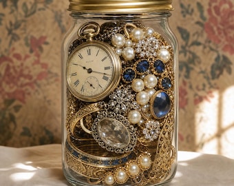 Vintage Jewelry Mystery Jar, Gold Cameo Pearl Trinket Mix, Victorian Box