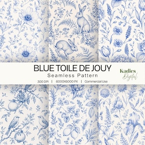 Nahtloses Musterpaket „Blaues botanisches Toile-de-Jouy“, 6 digitale Papiere mit Vintage-Blumen-, Vogel- und Waldmotiven