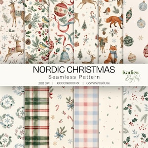 Puede incluir: Una colección digital de patrones sin costuras con el texto NORDIC CHRISTMAS. Los diseños incluyen ilustraciones en acuarela de ciervos, zorros, pájaros, abetos, acebo, copos de nieve, adornos, bastones de caramelo, cuadros y coronas sobre fondo crema.