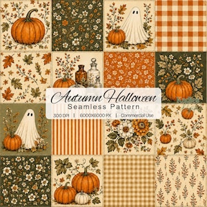 Nahtloses Halloween-Patchworkmuster, digitales Papier mit Kürbis und Geist für den Herbst, zartes Blumenmuster mit Vichy-Karo im Herbststil, Vintage-Cottagecore-PNG