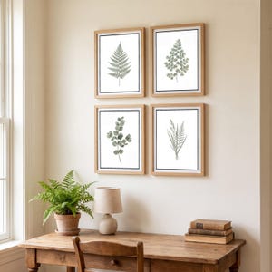 May include: A set of four framed wall art prints arranged in a grid, each featuring a different botanical illustration of green leaves and ferns on a white background, enclosed in light-colored wooden frames with thin black inner borders.