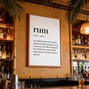 Print met de definitie van rum, grappige muurdecoratie voor een drankkar, printbare digitale download
