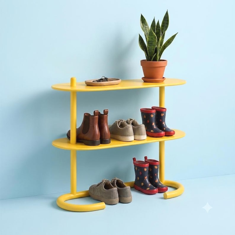 May include: A yellow two-tier shoe rack with rounded shelves and a tubular frame. The top shelf holds a potted snake plant and a small tray. The shelves display brown leather boots, grey trainers, and patterned red and blue rain boots.