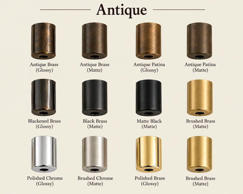 May include: A collection of twelve cylindrical metal hardware components arranged in a grid, labelled with finishes including Antique Brass, Antique Patina, Blackened Brass, Black Brass, Matte Black, Brushed Brass, Polished Chrome, and Polished Brass.