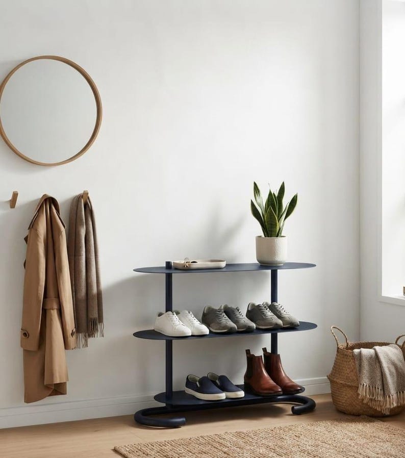 May include: A dark blue three-tiered oval shoe rack with a flat top surface holding a small white tray and a potted snake plant. The rack displays various pairs of trainers, slip-ons, and leather boots on its shelves, supported by a curved base.