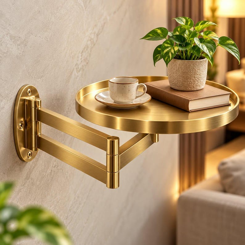 May include: A gold-toned metal wall-mounted swing arm shelf with a circular tray. The shelf holds a small white ceramic cup on a matching saucer, a closed brown book, and a potted green plant in a textured light-coloured container.