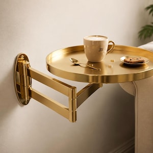 May include: A gold-toned, circular wall-mounted side table with an adjustable, multi-jointed swing arm. The round tray surface holds a beige ceramic mug with a logo, a small gold spoon, and a small plate with a single cookie.