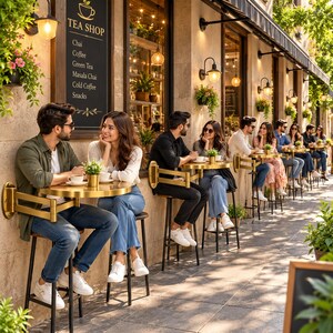 May include: A gold-toned, wall-mounted circular table with a swing arm, paired with a tall stool featuring a dark wooden seat and black metal legs, positioned outside a tea shop with a menu sign listing chai, coffee, and snacks.