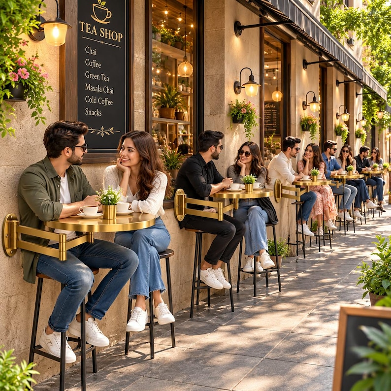 May include: A gold-toned, wall-mounted circular table with a swing arm, paired with a tall stool featuring a dark wooden seat and black metal legs, positioned outside a tea shop with a menu sign listing chai, coffee, and snacks.