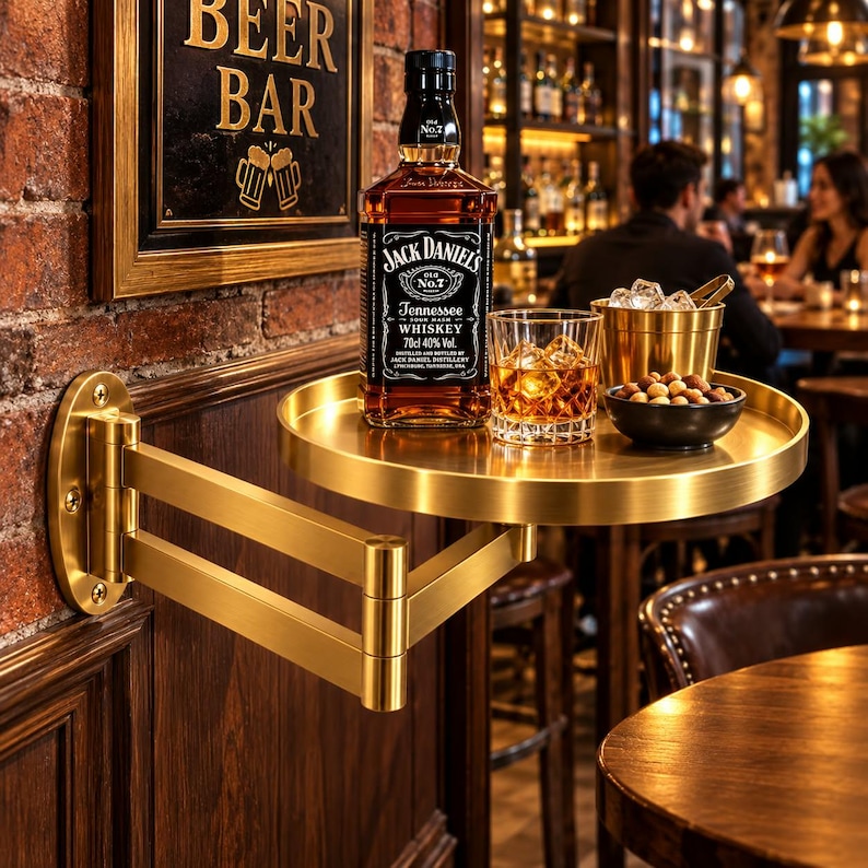 May include: A gold-coloured, wall-mounted, articulating swing-arm shelf with a circular tray. The shelf holds a bottle of Jack Daniel's Tennessee Whiskey, a glass filled with whiskey and ice, a gold ice bucket, and a small bowl of mixed nuts.
