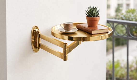 Solid Brass Wall Mounted Foldable Table, Swing Arm Side Shelf, Modern Space Saving Desk