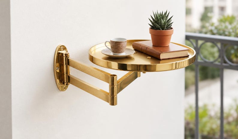 May include: A gold-toned metal wall-mounted folding table with an articulated swing arm. The circular tray surface holds a small white coffee cup on a saucer and a brown book topped with a small green succulent in a terracotta pot.