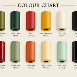 May include: A colour chart featuring twelve cylindrical objects arranged in two rows. The top row includes matte olive green, forest green, red, mustard yellow, off white, and black. The bottom row shows glossy cherry red, matte sage green, terracotta, cream yellow, mint green, and glossy jet black.