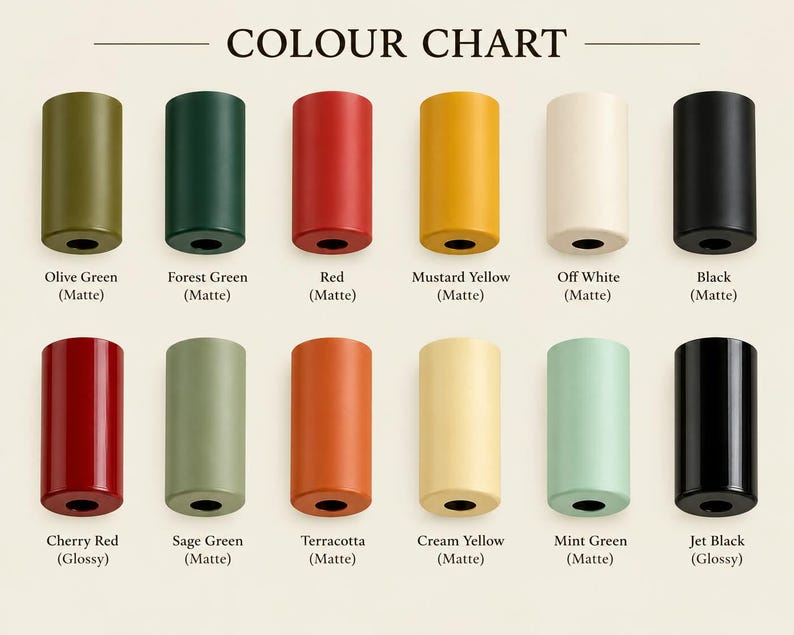 May include: A colour chart featuring twelve cylindrical objects arranged in two rows. The top row includes matte olive green, forest green, red, mustard yellow, off white, and black. The bottom row shows glossy cherry red, matte sage green, terracotta, cream yellow, mint green, and glossy jet black.