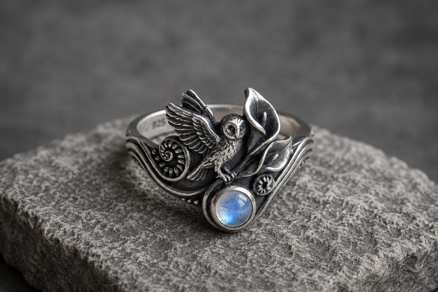 Sterling Silver Owl Moonstone Ring, Nature Inspired Woodland Bird Jewelry