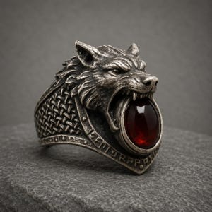 May include: A silver-toned ring featuring a detailed wolf head sculpture with an open mouth holding a smooth, oval-shaped dark red gemstone. The band displays a textured, woven metal pattern and engraved markings along the lower edge.