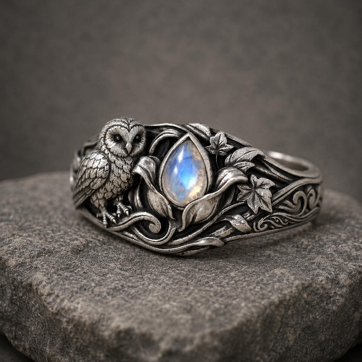 Sterling Silver Moonstone Owl Ring, Nature Inspired Gothic Band Jewelry