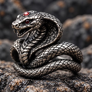 Puede incluir: Un anillo plateado con forma de cobra enroscada con escamas detalladas, la boca abierta mostrando colmillos y dos pequeñas piedras redondas de color rojo oscuro incrustadas en la cabeza y los ojos de la serpiente, con aspecto metálico.