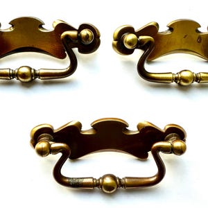 3x Reclaimed Vintage Brass Drop Handles With Back Plates