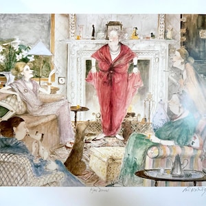 以下が含まれることがあります： After Dinnerと題された水彩画プリントで、リビングルームにいる4人の人物が描かれています。赤いドレスを着た人物が暖炉のそばに立ち、他の人物は椅子に座っています。床には犬が座っています。プリントには686/750の番号とアーティストの署名があります。