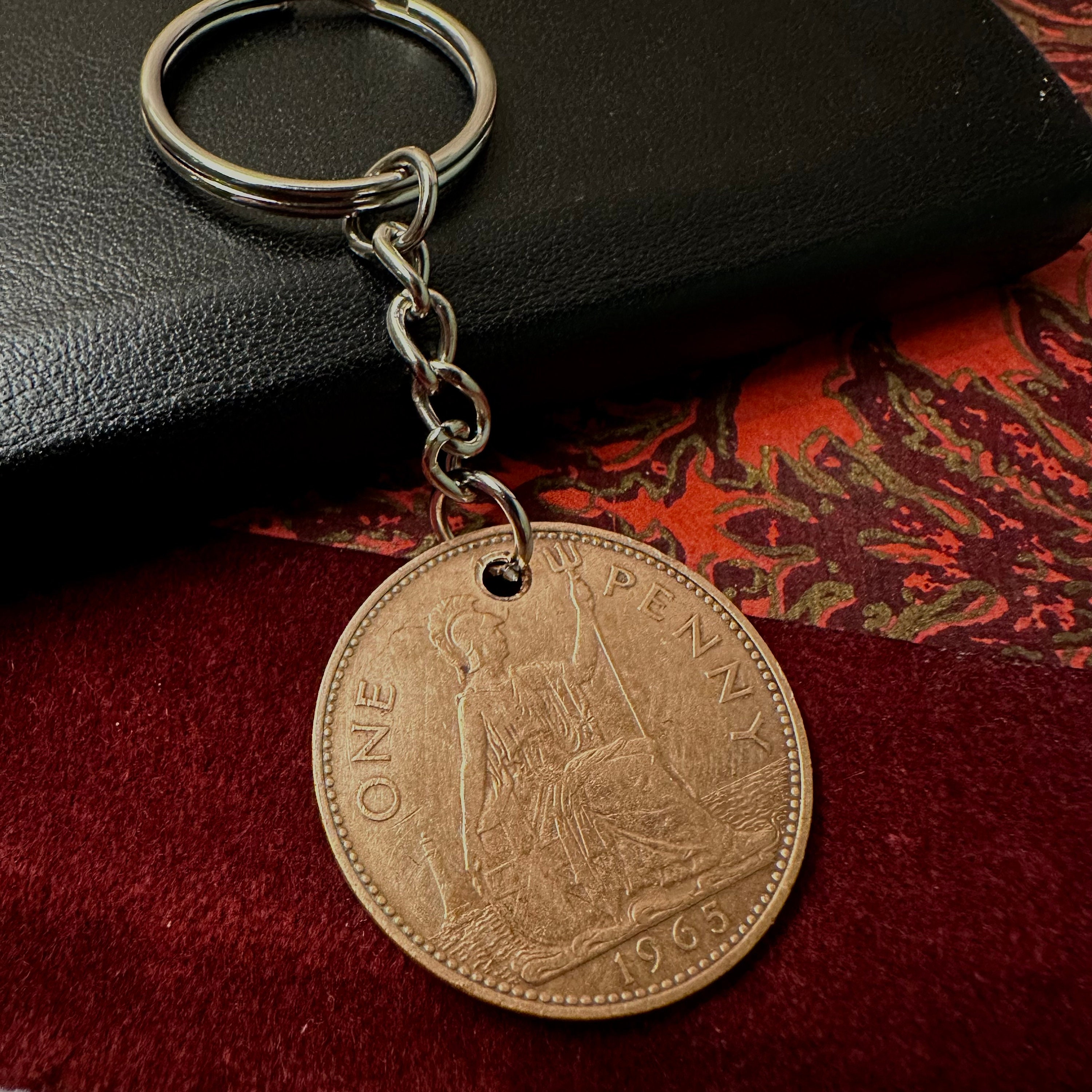 1962 British Ha'penny Bronze Half Penny Keyring Old Coin Keychain Him - Foto 6