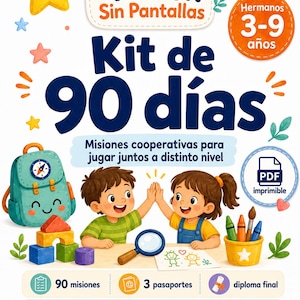 Puede incluir: Un kit educativo colorido para niños de 3 a 9 años, con mochila, bloques de construcción, crayones y el texto "Misión Sin Pantallas". El kit incluye 90 misiones, 3 pasaportes y un diploma final, promoviendo la creatividad.