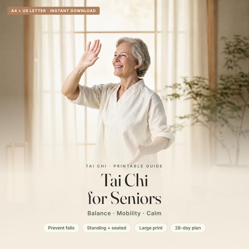 Tai Chi para personas mayores (imprimible), guía de ejercicios para el equilibrio y la prevención de caídas, tabla de Tai Chi de pie y sentado en PDF, letra grande. imagen 1