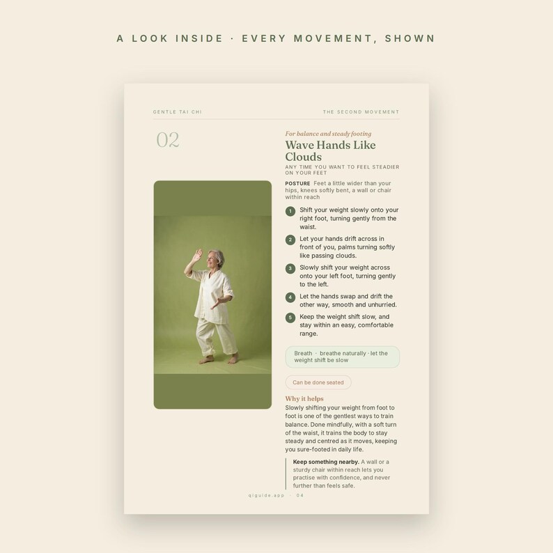 Tai Chi para personas mayores (imprimible), guía de ejercicios para el equilibrio y la prevención de caídas, tabla de Tai Chi de pie y sentado en PDF, letra grande. imagen 4