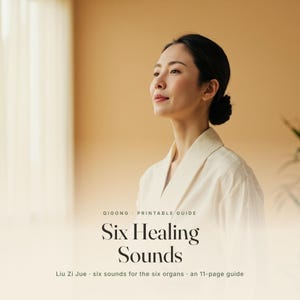 May include: A Qigong printable guide titled Six Healing Sounds, Liu Zi Jue, six sounds for the six organs, an 11-page guide. The text is displayed over a soft-focus image of a person wearing a cream-colored robe, looking toward the side.