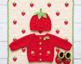 Strawberry Baby Set Crochet Pattern PDF | Hat Cardigan Booties Blanket | Beginner Newborn Baby Gift | Fruit Crochet | Instant Download