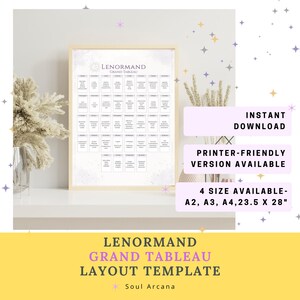 May include: A framed Lenormand Grand Tableau layout template. The print features a grid of small rectangles with text, a floral design, and the words "LENORMAND GRAND TABLEAU LAYOUT TEMPLATE" and "Soul Arcana". Available in 4 sizes: A2, A3, A4, and 23.5 x 28 inches.