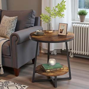 2-Tier Round End Table with Storage Shelf, Rustic Bedside Accent Table for Small Spaces