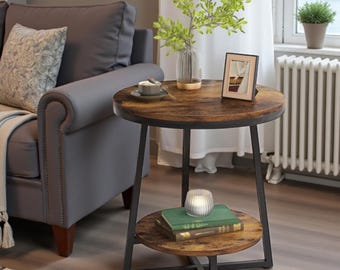 2-Tier Round End Table with Storage Shelf, Rustic Bedside Accent Table for Small Spaces