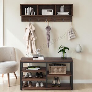 Rustic Industrial Hall Tree Bench with Wall Shelf, Entryway Organizer Storage