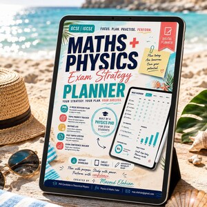 Könnte beinhalten: Ein digitales Tablet mit einem Mathe- und Physik-Prüfungsstrategieplaner. Der Bildschirm zeigt Text wie GCSE, IGCSE und einen 4-wöchigen Lernplan. Ein kleinerer Einschub zeigt eine wöchentliche Übersichtstabelle mit verschiedenen Symbolen.